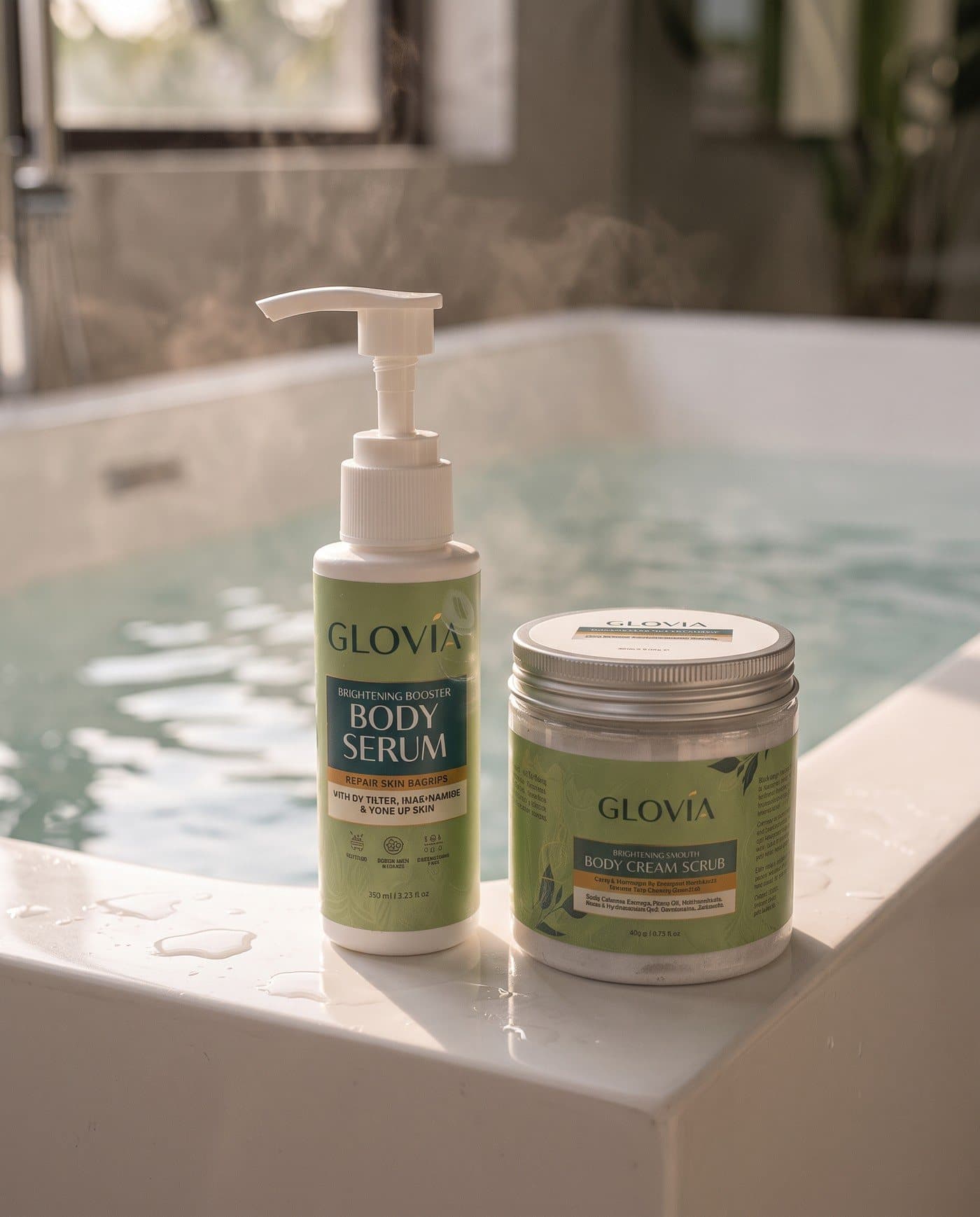 Glovia Brightening Booster Body Serum dan Brightening Smooth Body Cream Scrub